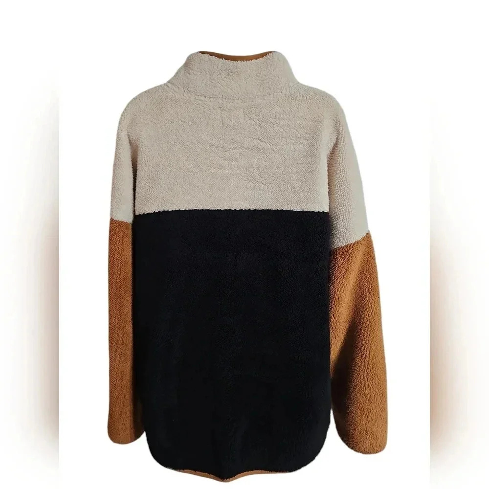 Time And Tru Colorblock Sherpa Fleece Pullover Quarter Zip Leopard Trim XL Cozy - Picture 3 of 7